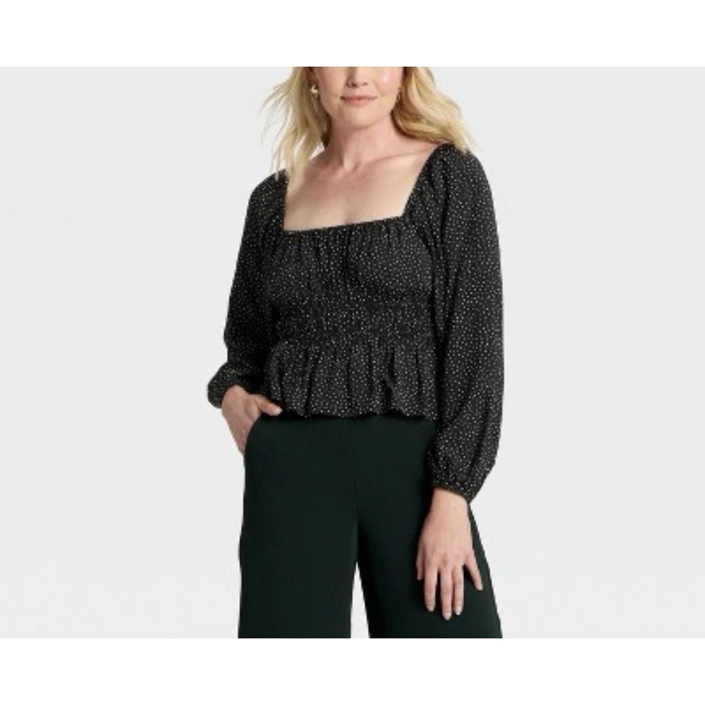 A New Day Woman's Long Sleeve Ruched Top Size Medium Black With Polka Dots - Picture 7 of 7